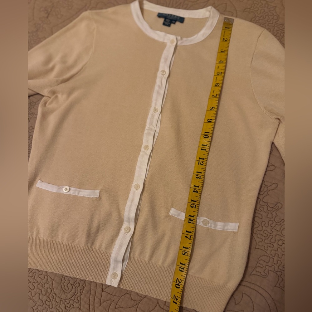 Lauren Ralph Lauren Beige Cream Chanel Style Cotton Cardigan Sweater, Size PM - Picture 6 of 7